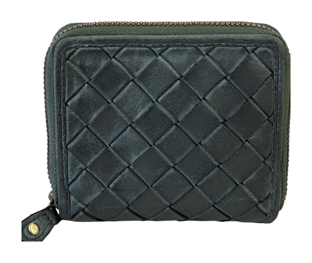 HE030 Forest Green Woven Leather Zip Wallet