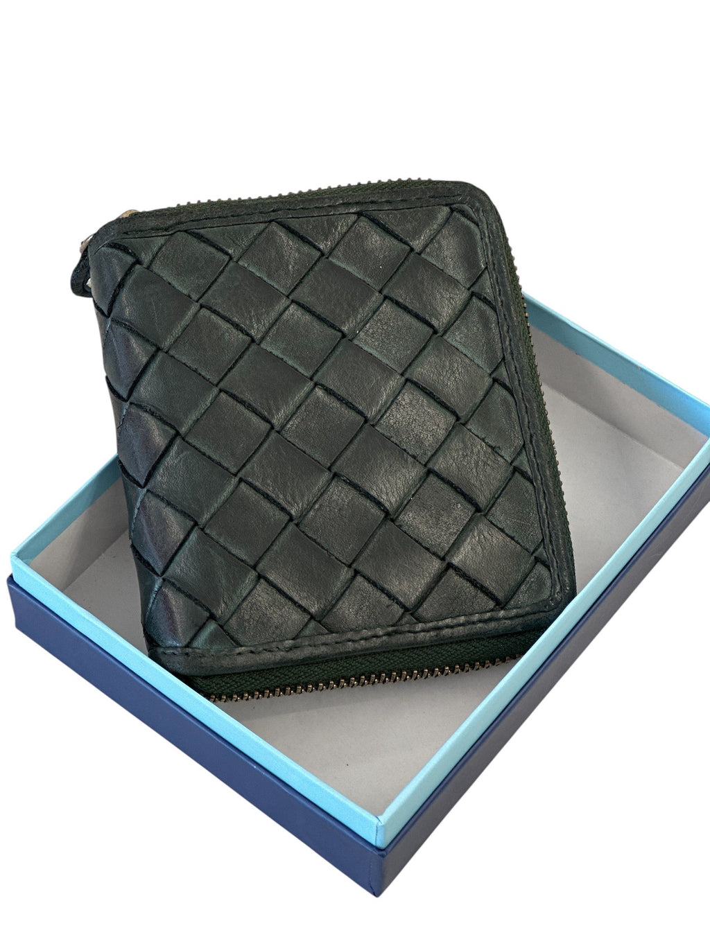 HE030 Forest Green Woven Leather Zip Wallet
