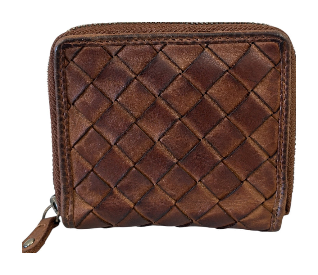HE031 Cognac Brown Woven Zip Wallet