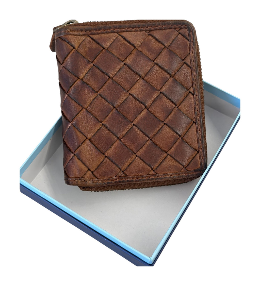 HE031 Cognac Brown Woven Zip Wallet