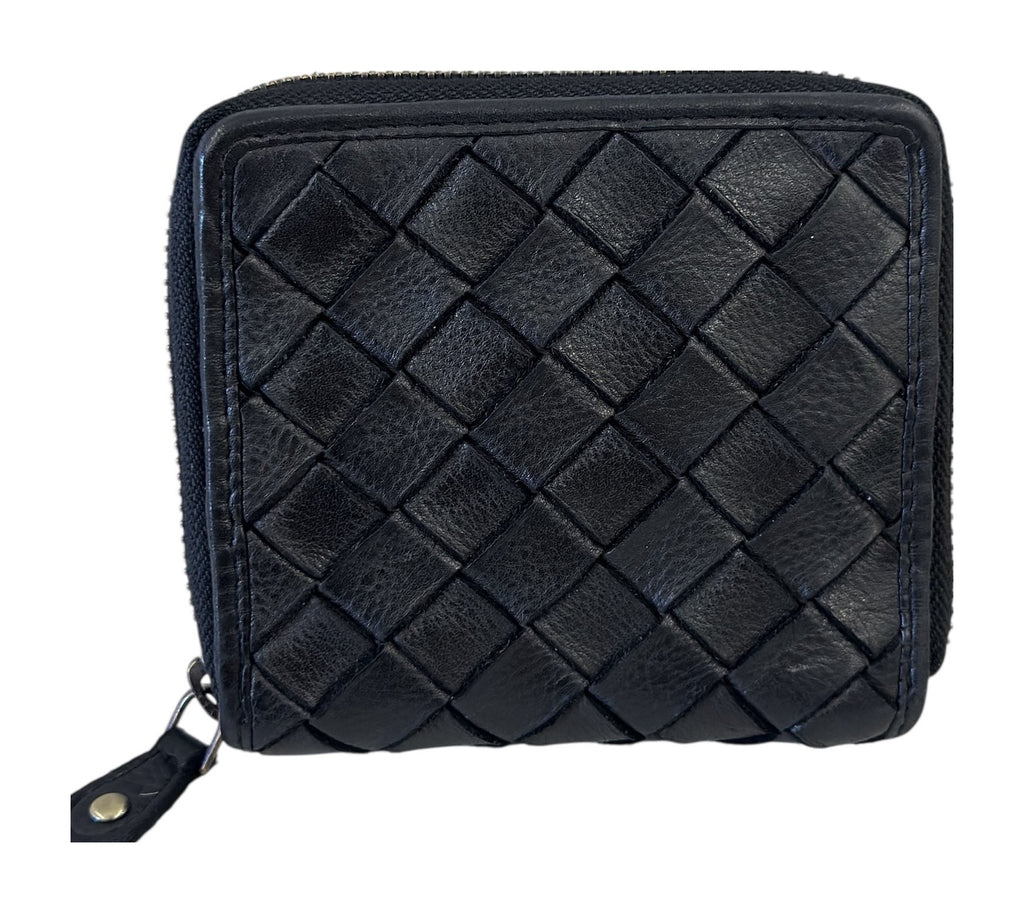 HE033 Black Woven Leather Zip Wallet