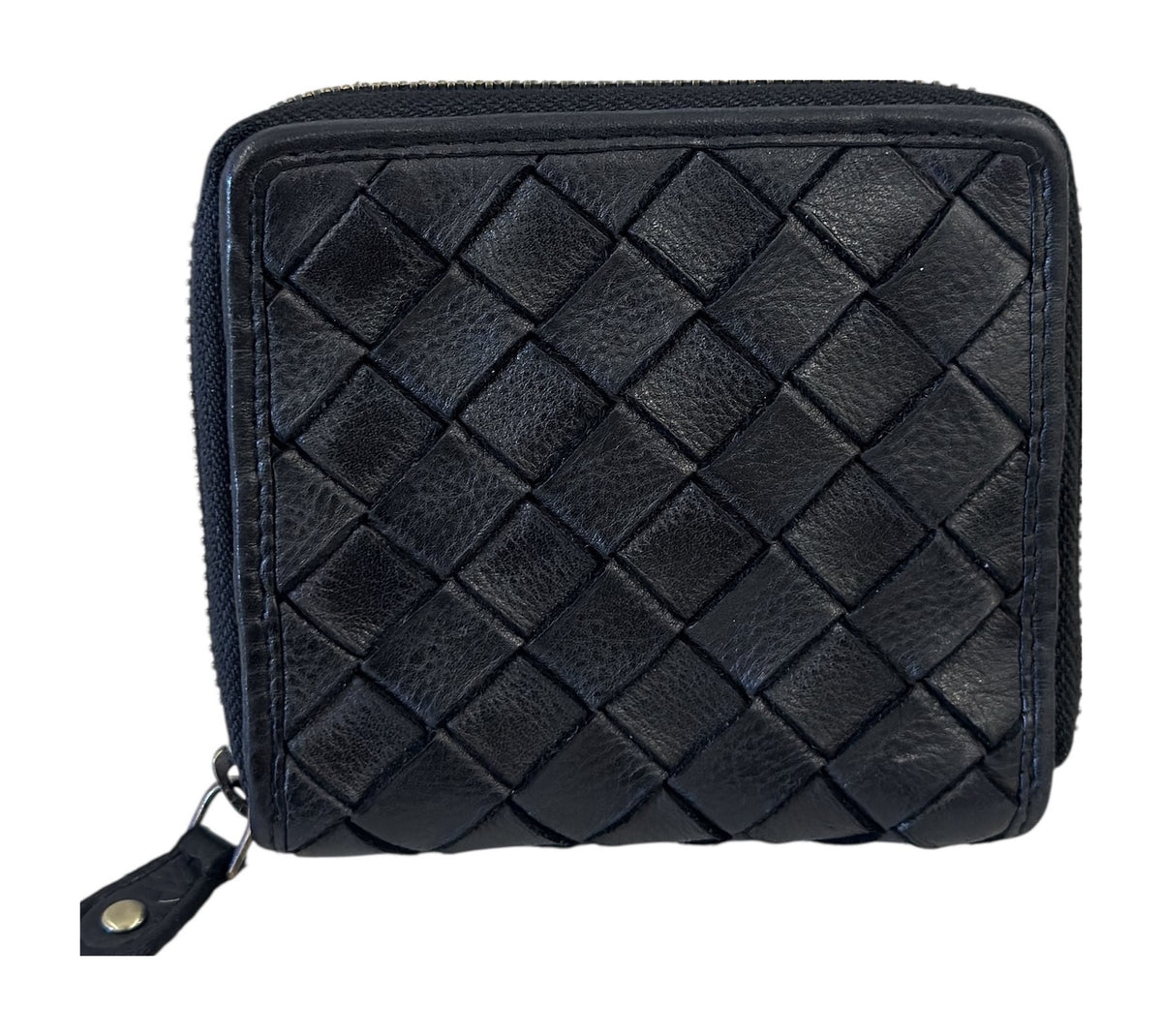 HE033 Black Woven Leather Zip Wallet