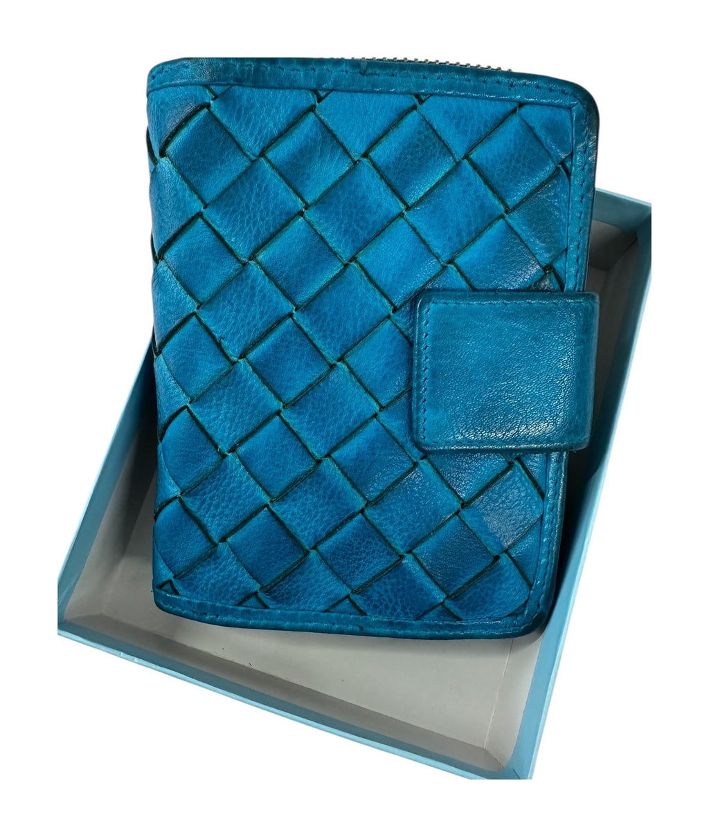HE037 Turquoise Woven Leather Snap Wallet