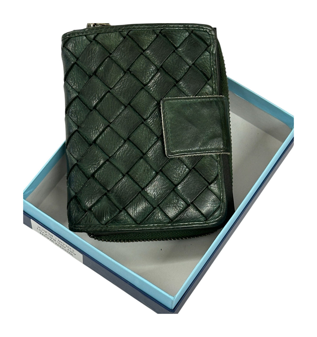 HE039 Forest Green Woven Leather Snap Wallet