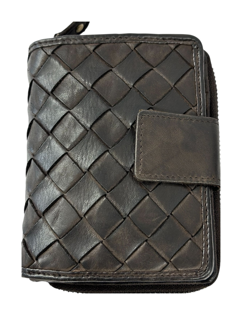 HE041 Dark Brown Woven Leather Snap Wallet