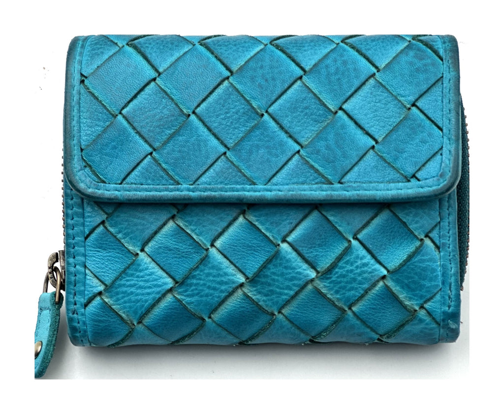 HE049 Turquoise Woven Leather Flap Wallet