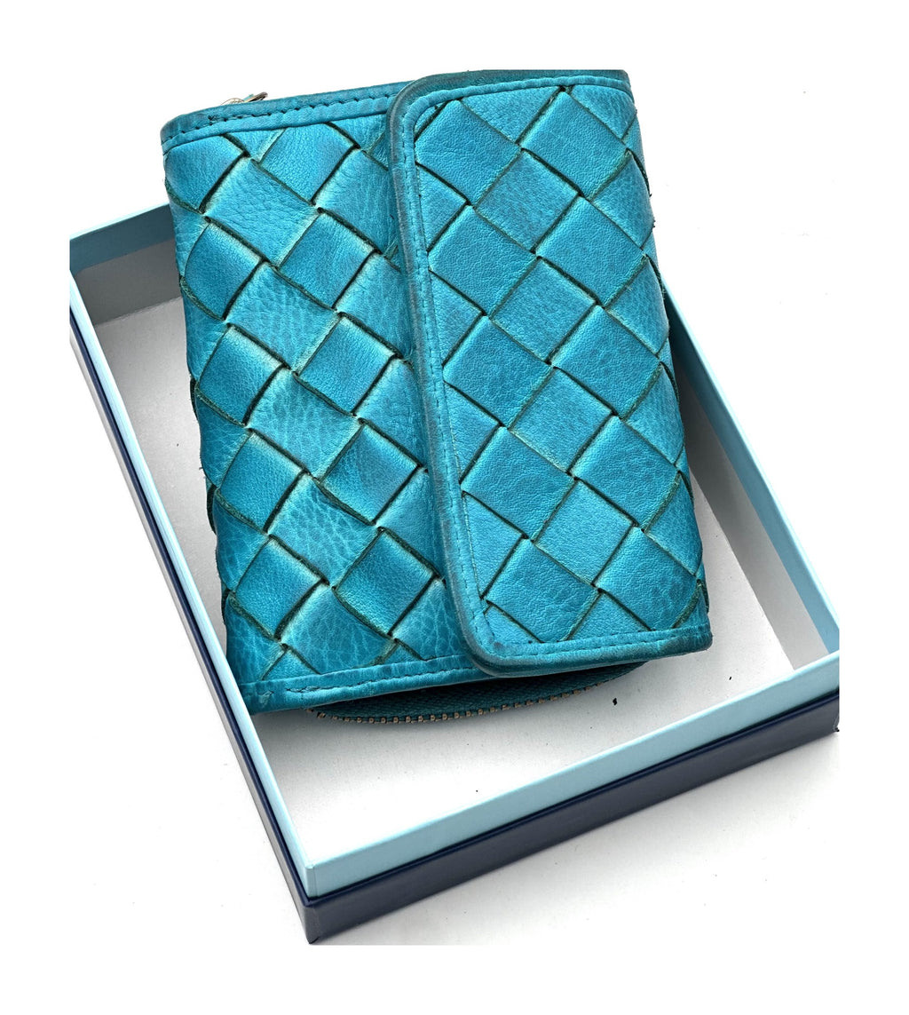 HE049 Turquoise Woven Leather Flap Wallet
