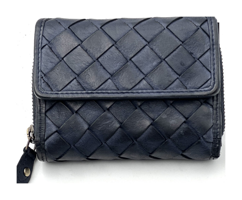 HE051 Navy Woven Leather Flap Wallet