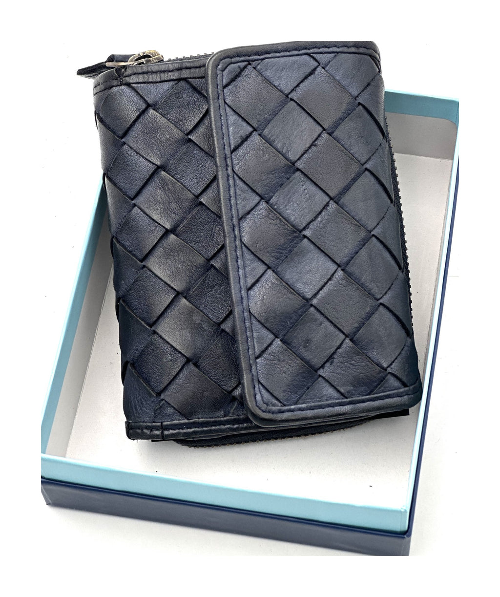 HE051 Navy Woven Leather Flap Wallet