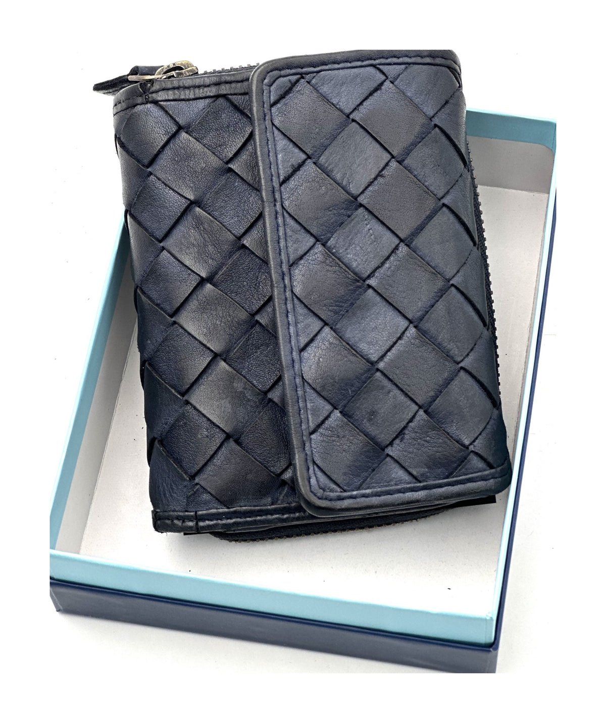 HE051 Navy Woven Leather Flap Wallet