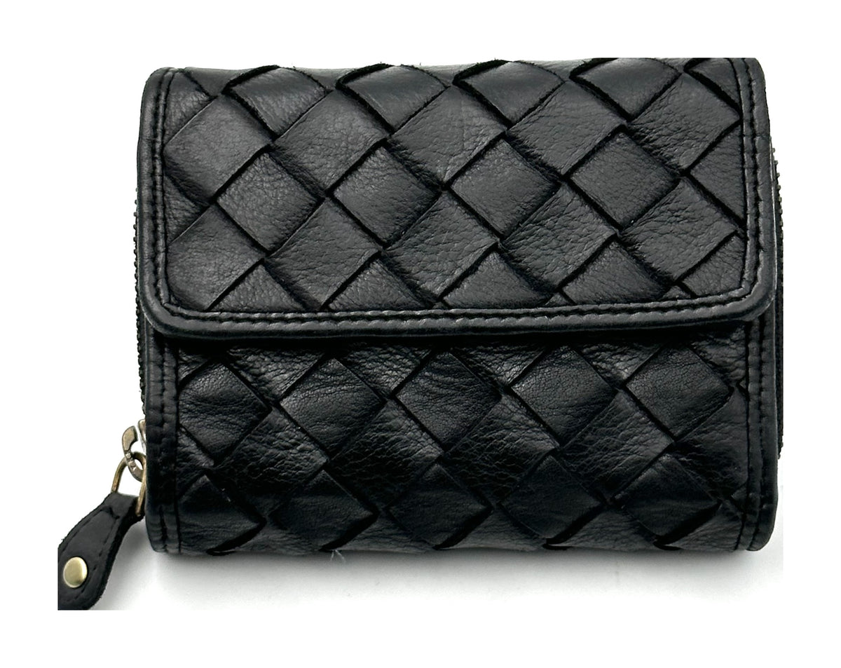 HE055 Black Woven Leather Flap Wallet