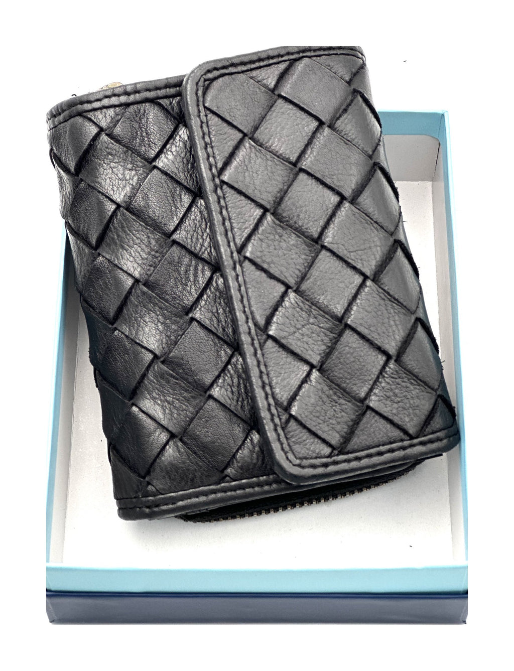 HE055 Black Woven Leather Flap Wallet