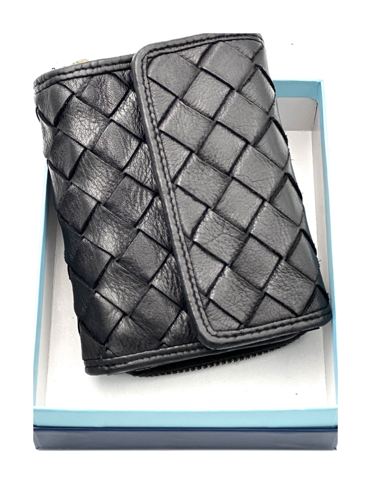HE055 Black Woven Leather Flap Wallet
