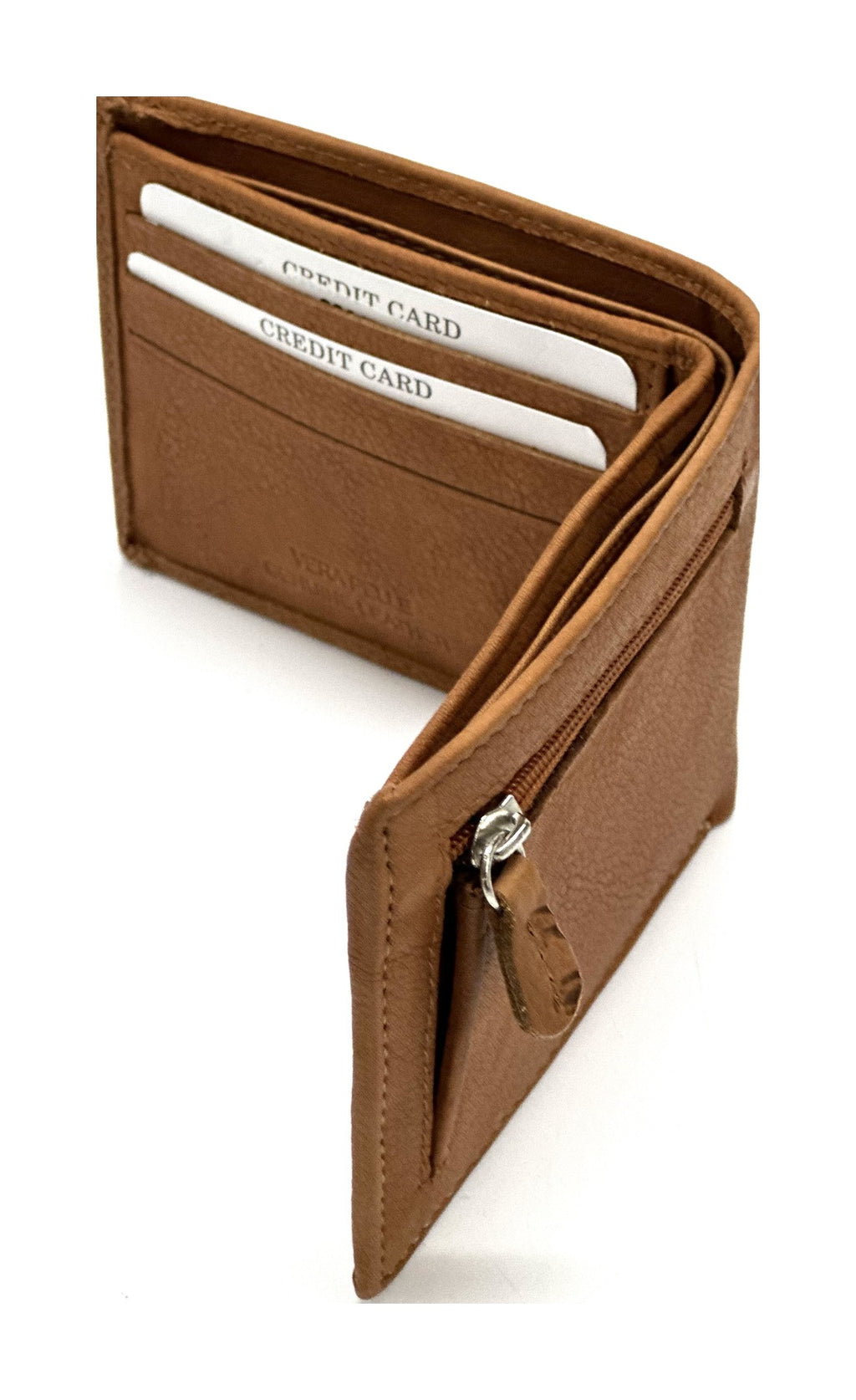 HE057 Tan Leather Zip Back Bifold Wallet