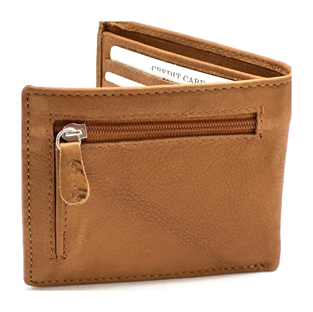 HE057 Tan Leather Zip Back Bifold Wallet