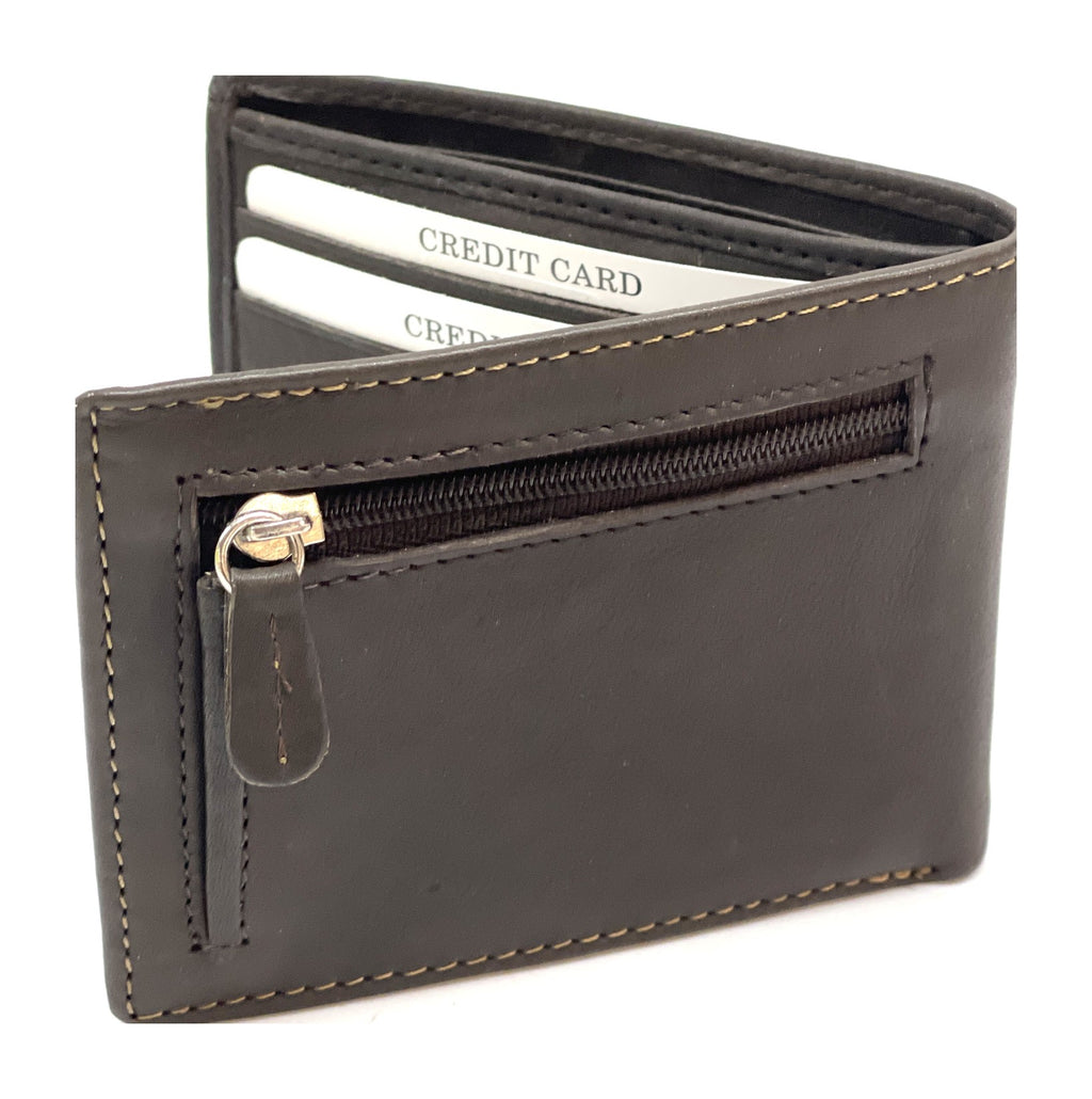 HE062 Dark Brown Leather Zip Back Bifold Wallet