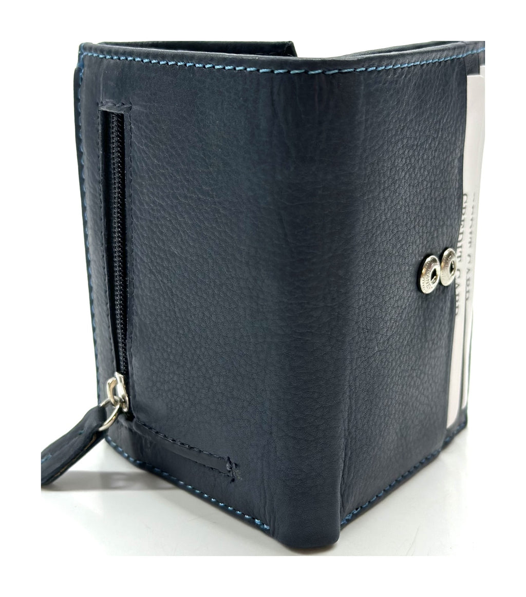 HE071 Navy Stitched Leather Flap Wallet
