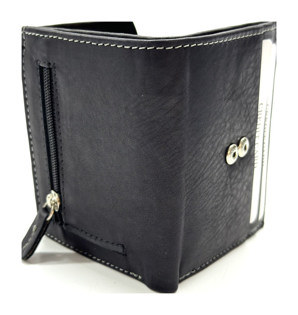 HE074 Black Stitched Flap Wallet