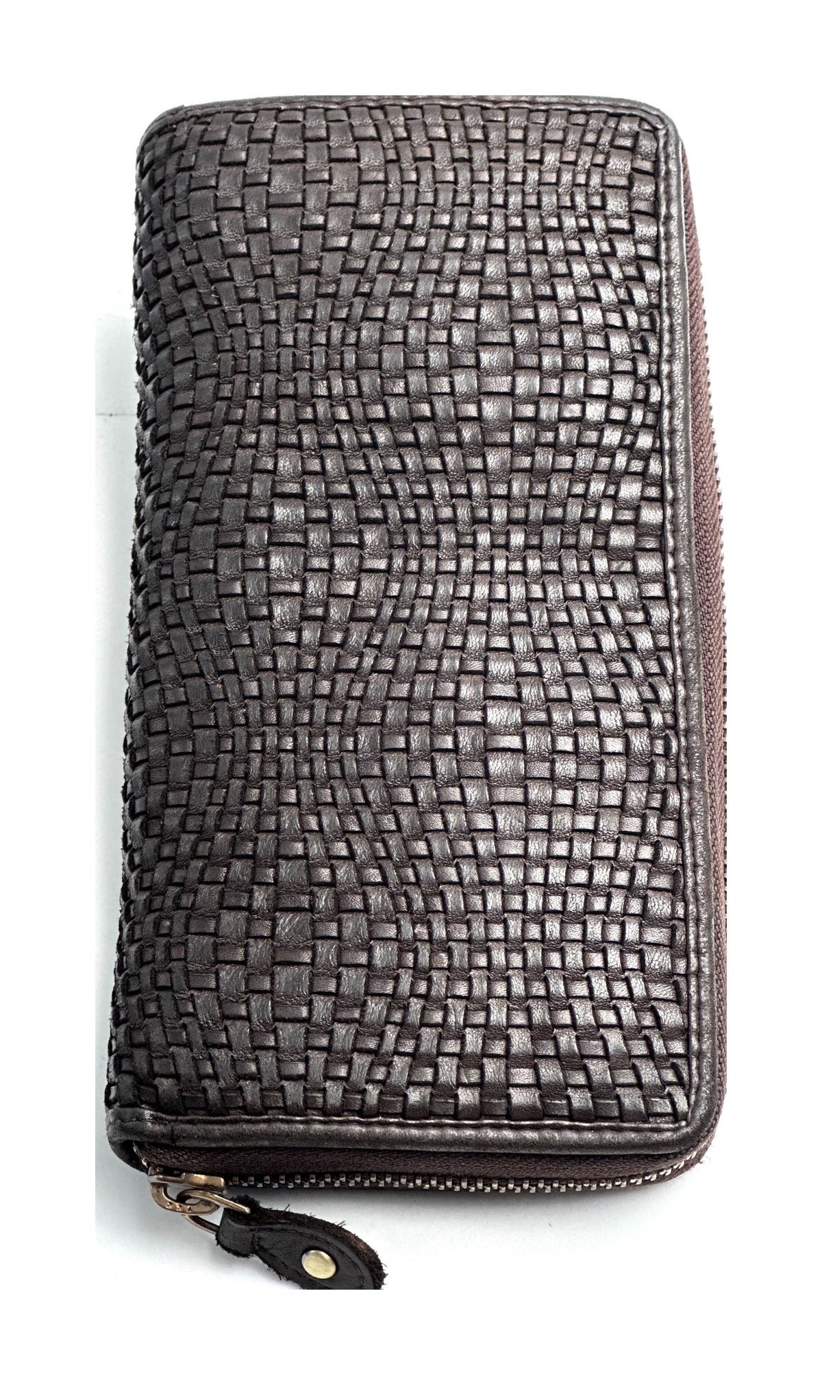 HE077 Dark Brown Woven Zip Around Wallet