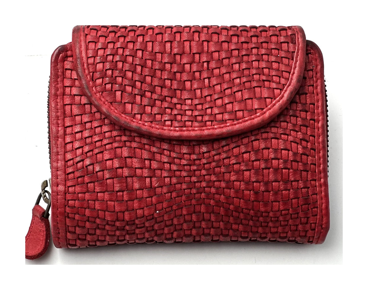 HE079 Red Woven Round Flap Wallet