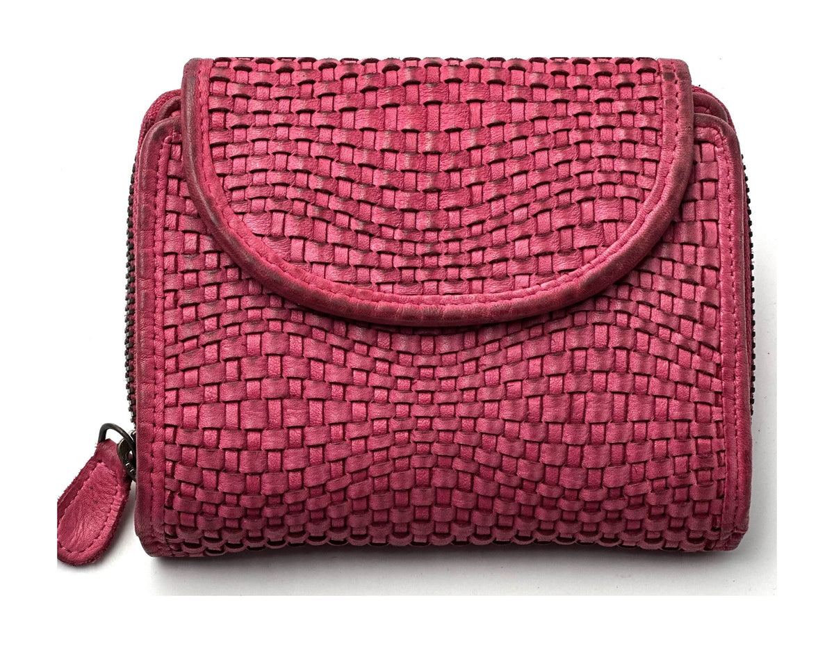 HE080 Raspberry Pink Woven Round Flap Wallet