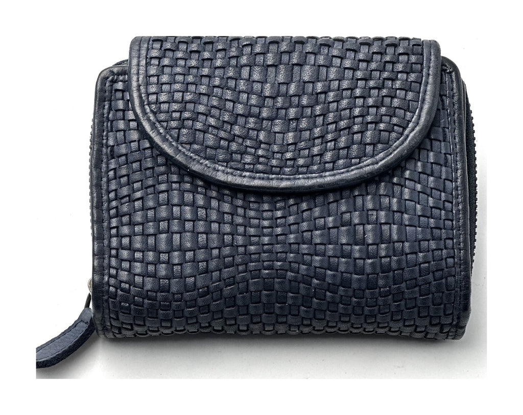HE082 Navy Woven Round Flap Wallet