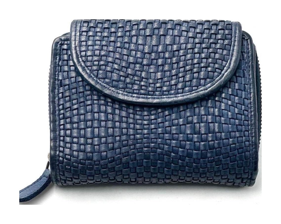 HE083 Royal Blue Woven Leather Round Flap Wallet