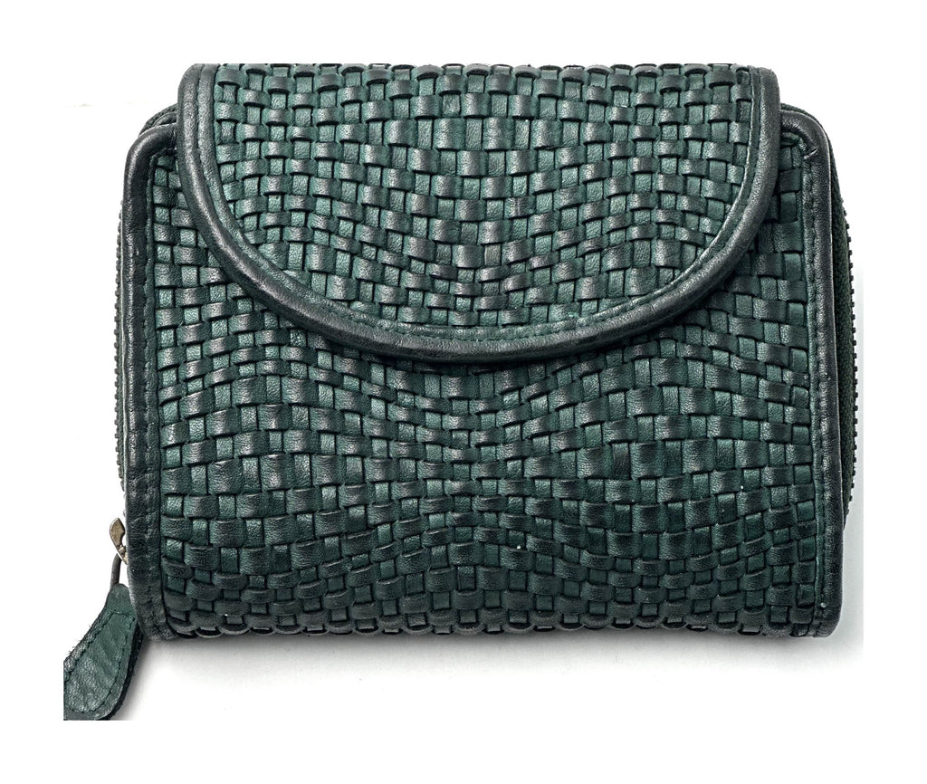 HE084 Forest Green Woven Leather Round Flap Wallet