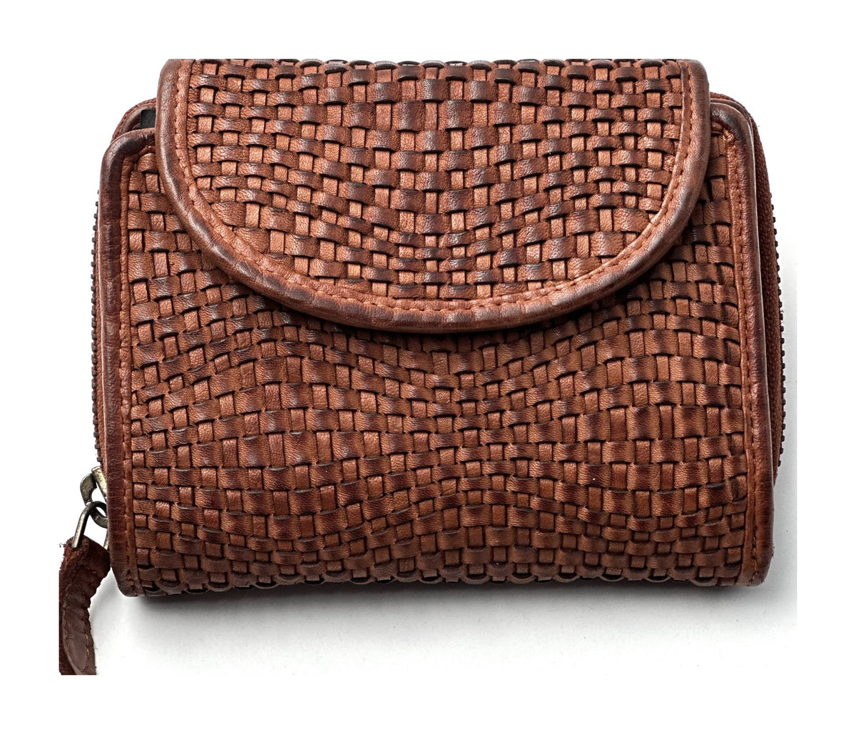 HE085 Cognac Brown Woven Round Flap Wallet