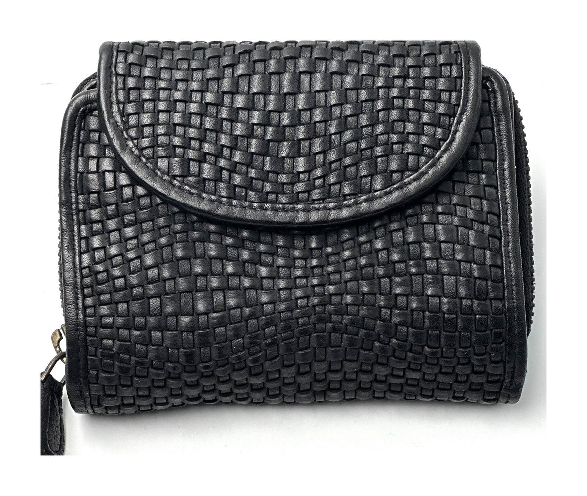 HE086 Black Woven Leather Round Flap Wallet