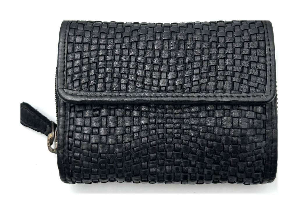 HE090 Black Braided Leather Flap Wallet