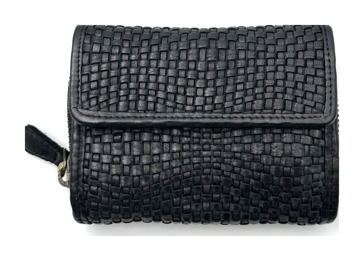 HE090 Black Braided Leather Flap Wallet