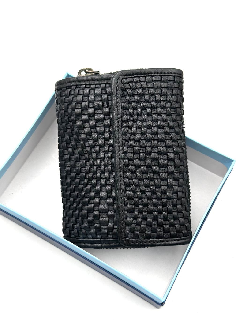 HE090 Black Braided Leather Flap Wallet