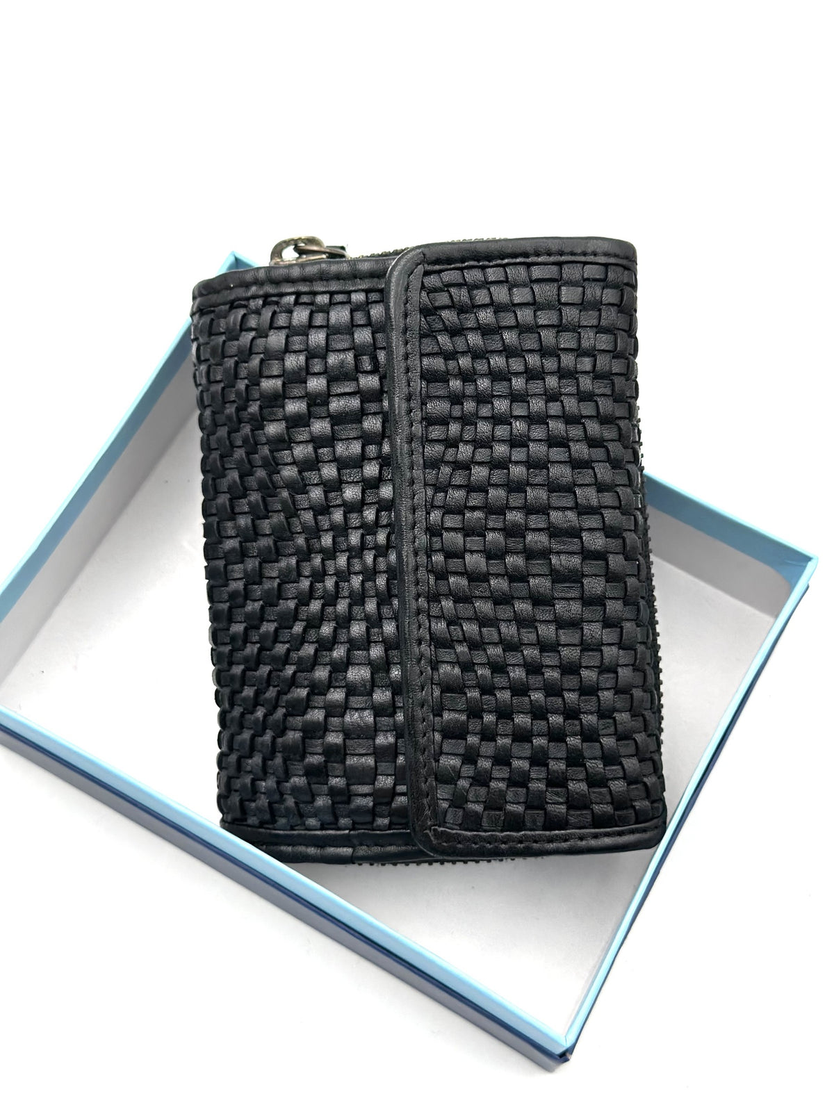 HE090 Black Braided Leather Flap Wallet
