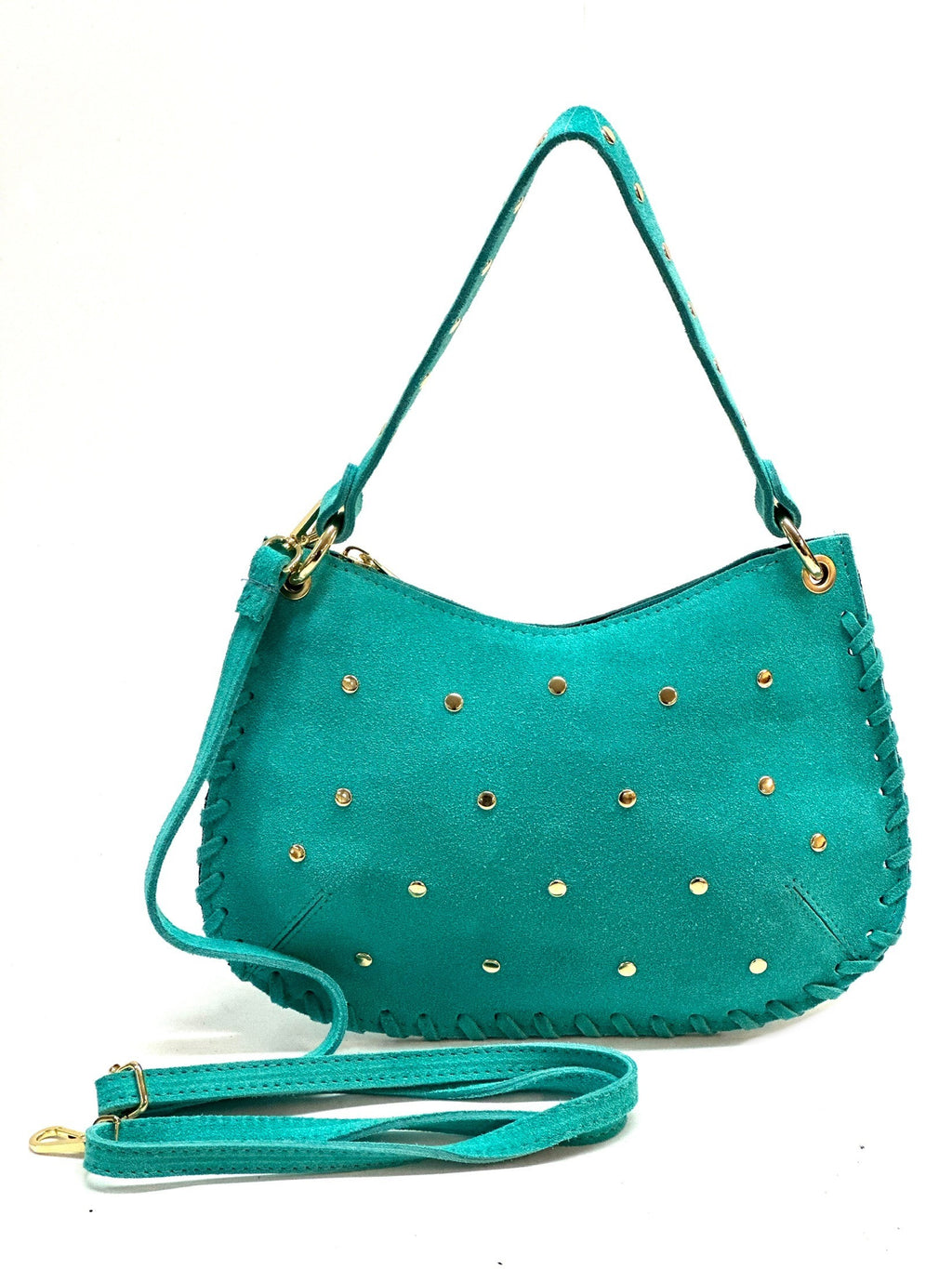 HE1020 Turquoise Studded Suede Shoulder Bag