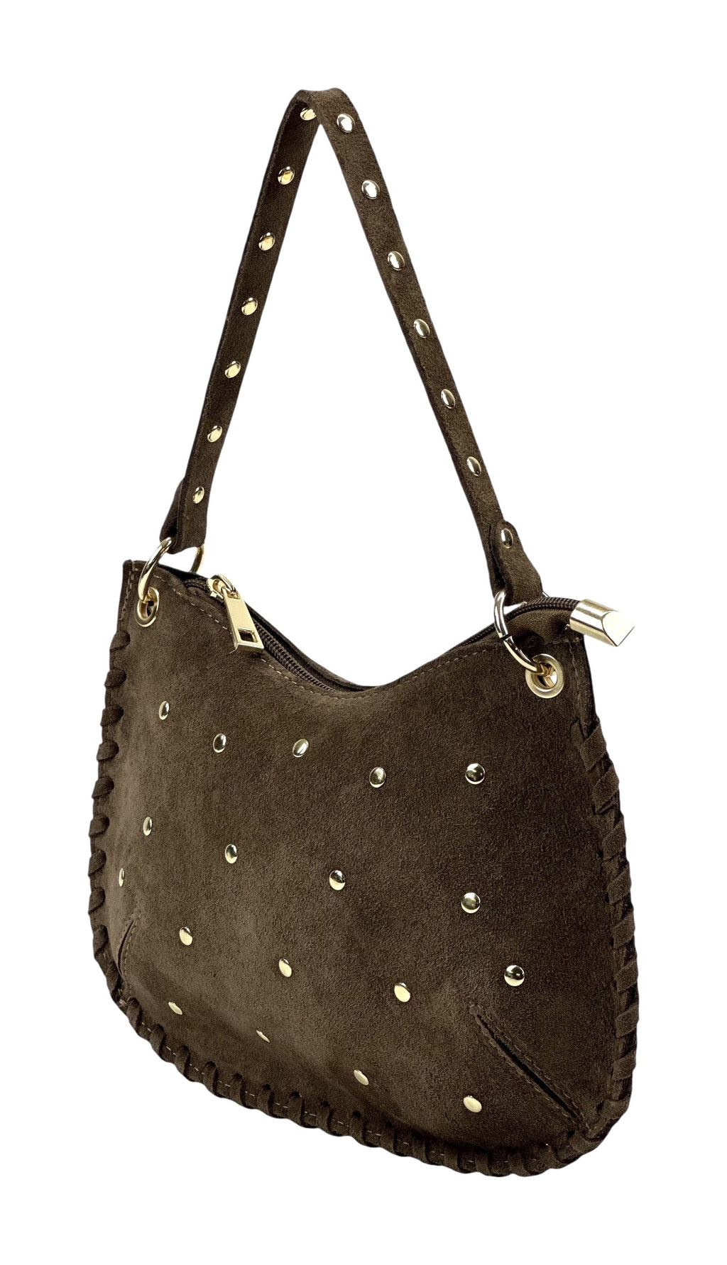 HE1022 Dark Taupe Studded Suede Shoulder Bag