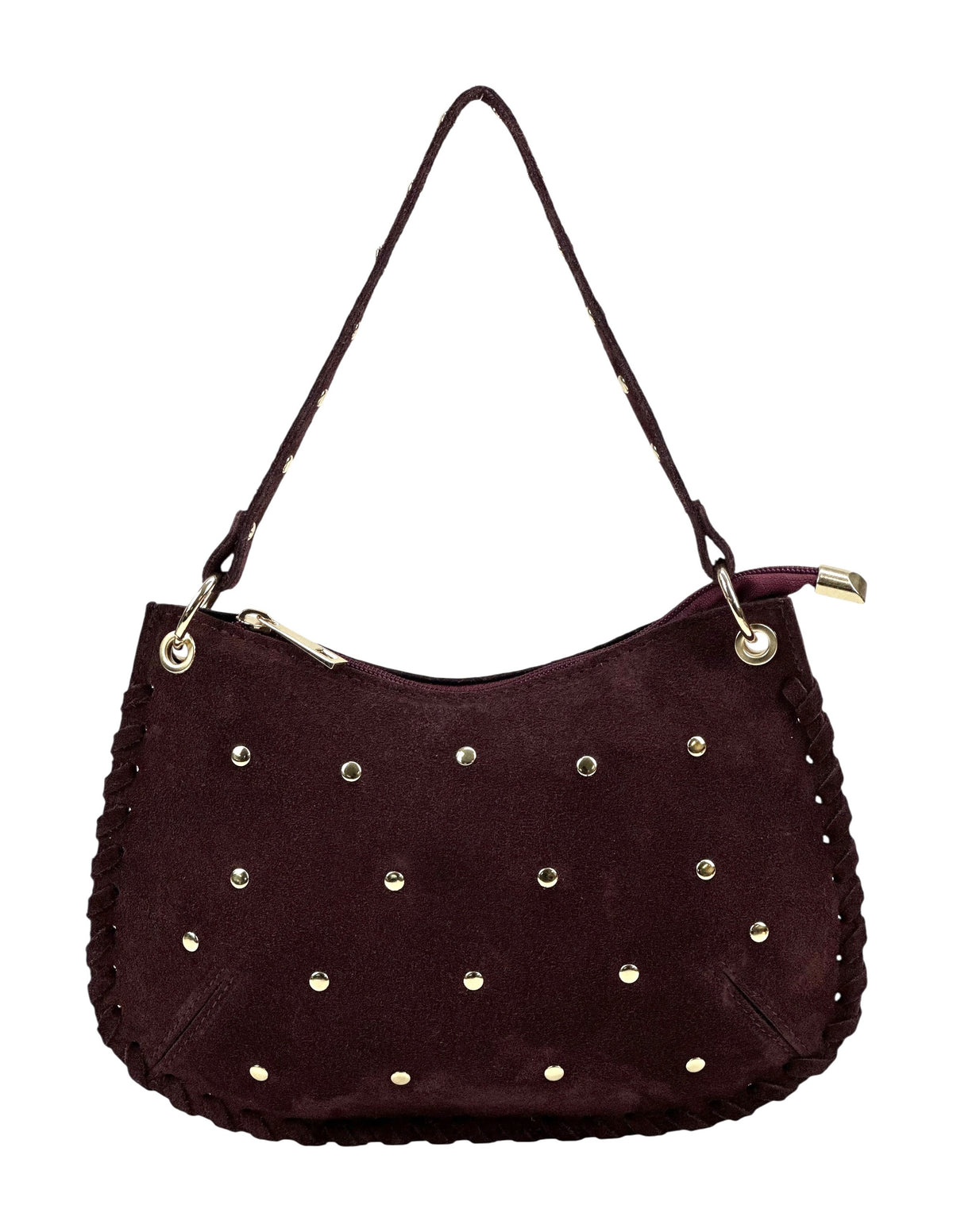 HE1025 Burgundy Studded Suede Shoulder Bag