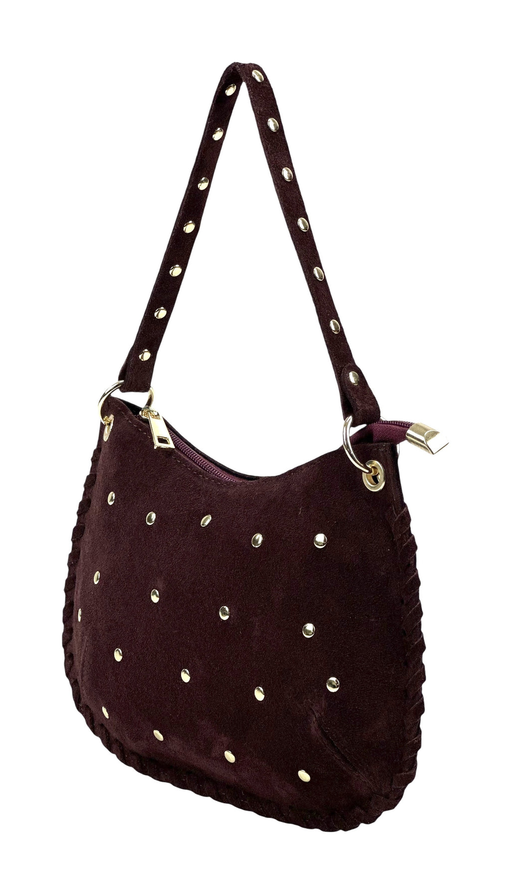 HE1025 Burgundy Studded Suede Shoulder Bag
