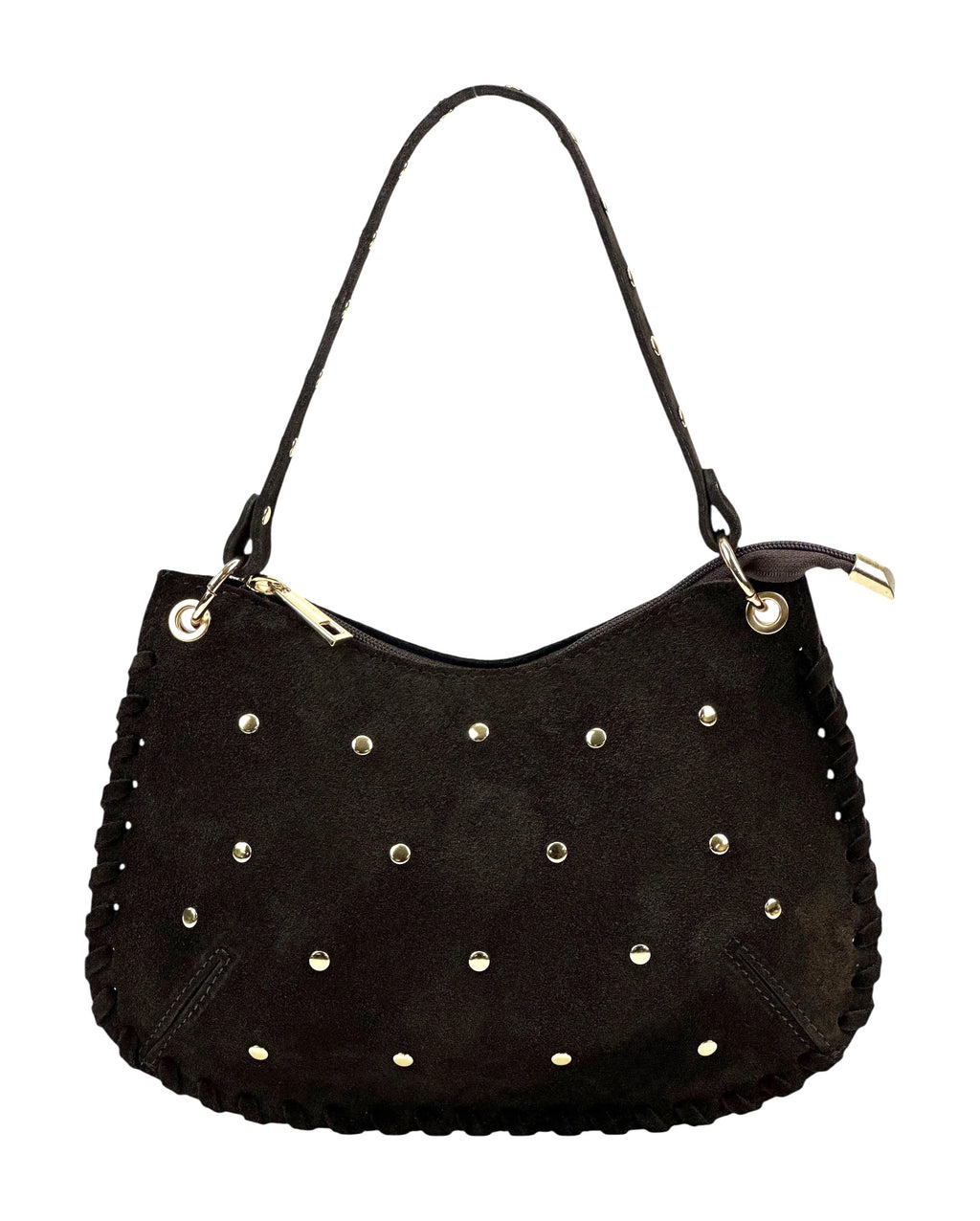 HE1026 Dark Brown Studded Suede Shoulder Bag