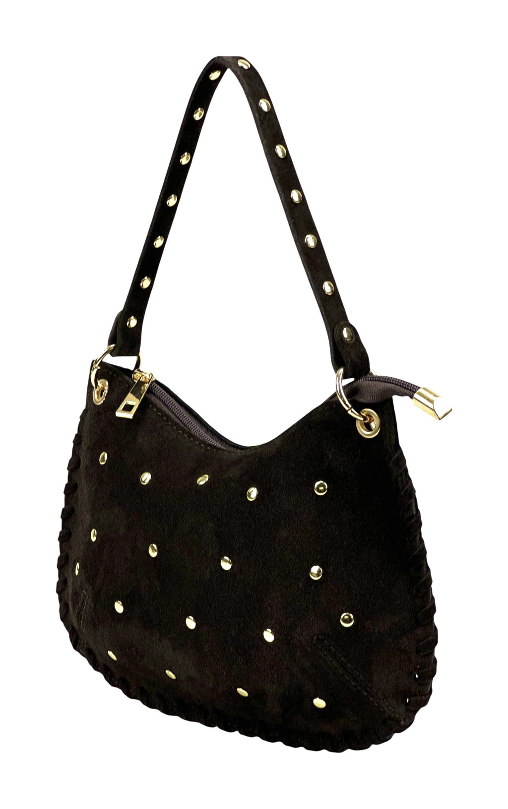 HE1026 Dark Brown Studded Suede Shoulder Bag