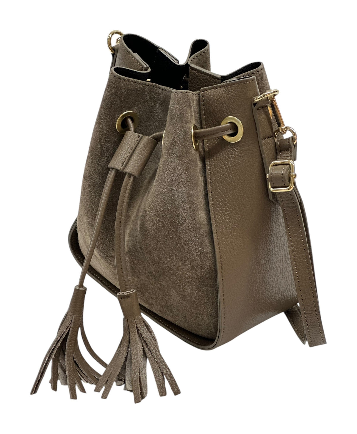 HE1032 Dark Taupe Drawstring Suede Bucket Bag