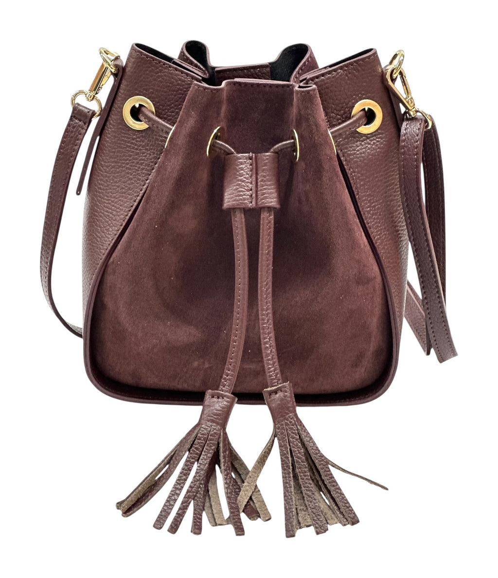 HE1034 Burgundy Drawstring Suede Bucket Bag