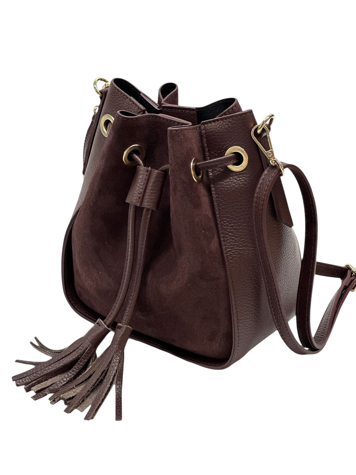 HE1034 Burgundy Drawstring Suede Bucket Bag