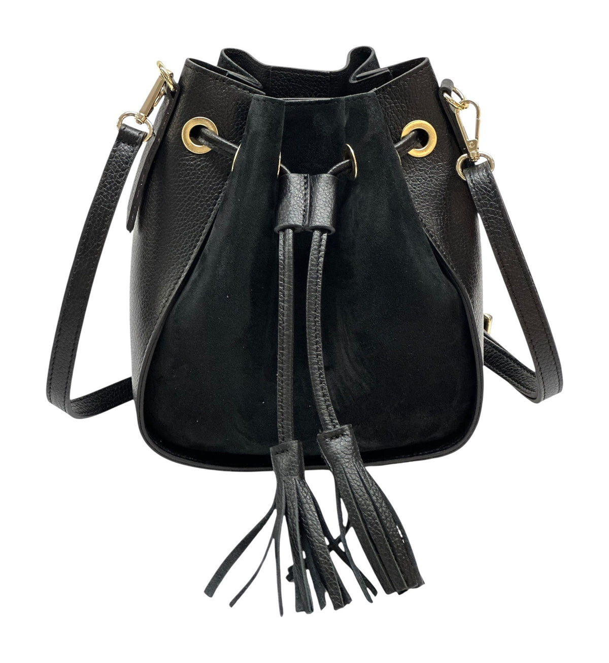 HE1035 Black Drawstring Suede Bucket Bag