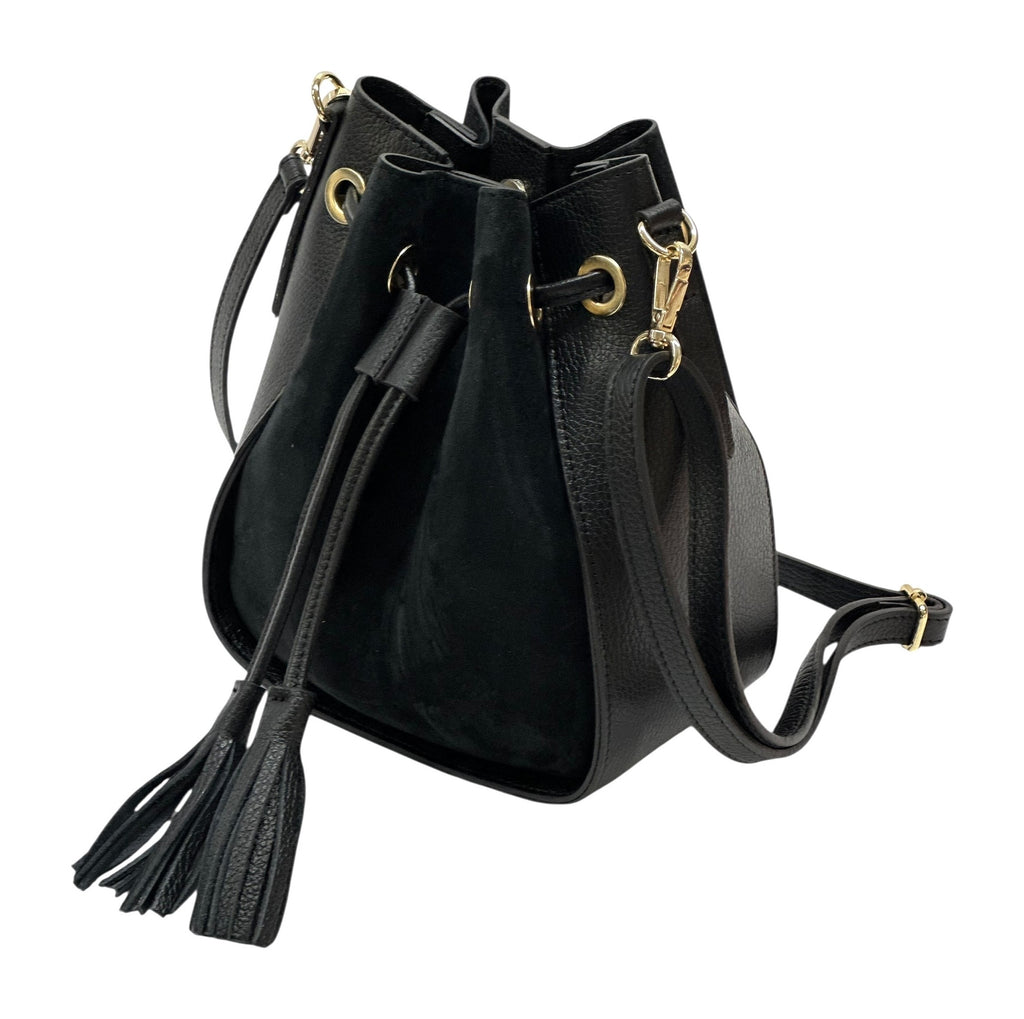 HE1035 Black Drawstring Suede Bucket Bag