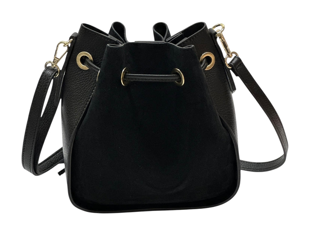HE1035 Black Drawstring Suede Bucket Bag