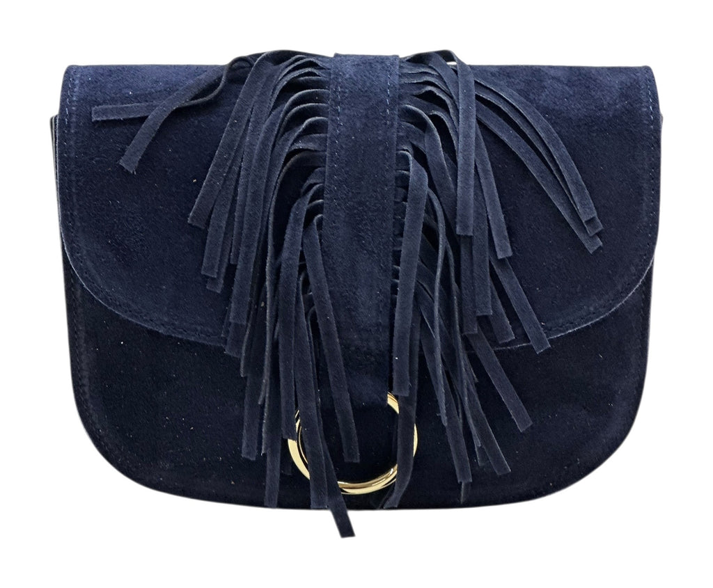 HE1036 Navy Fringe Flap Suede Crossbody Bag