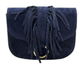 HE1036 Navy Fringe Flap Suede Crossbody Bag