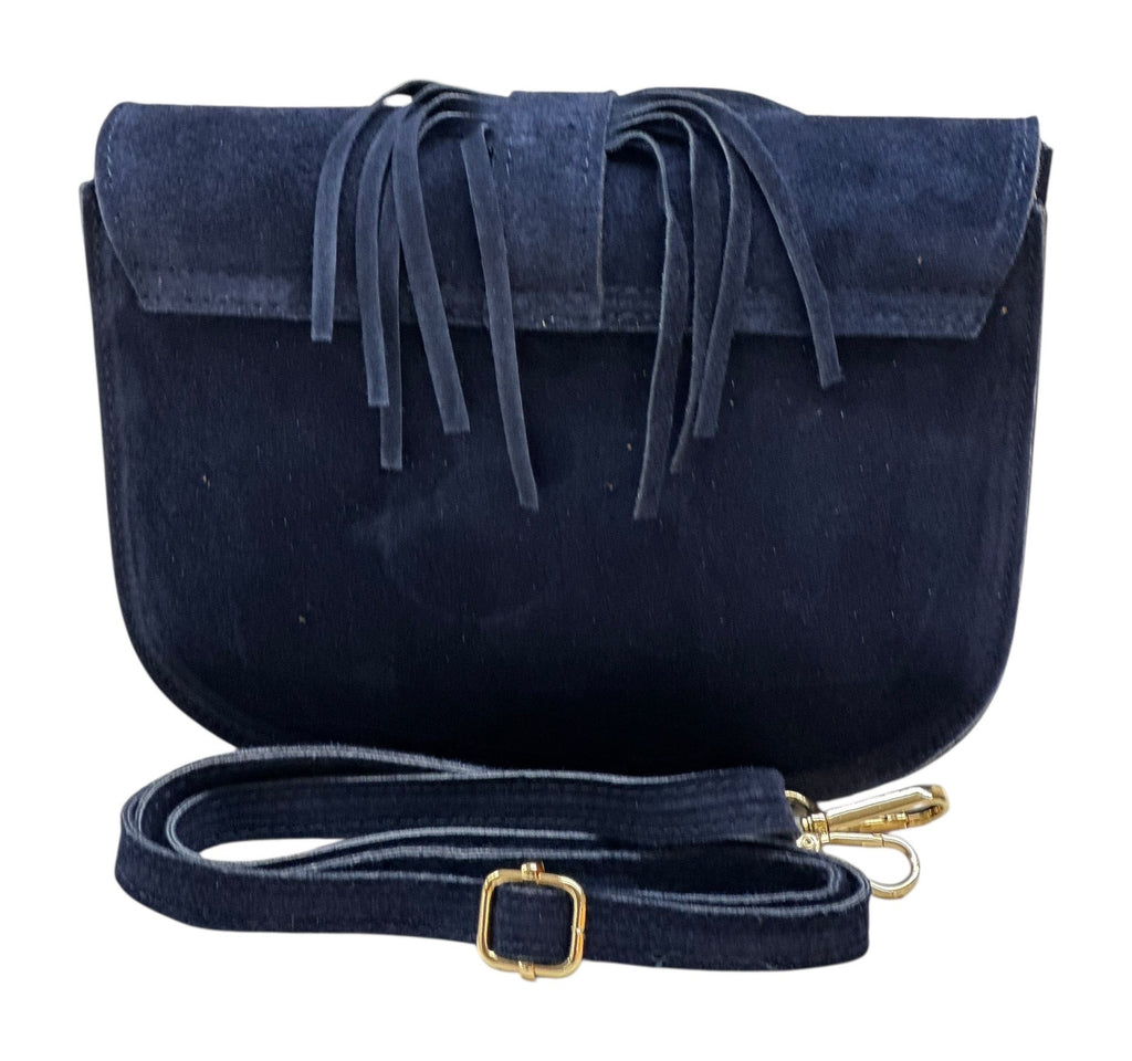 HE1036 Navy Fringe Flap Suede Crossbody Bag