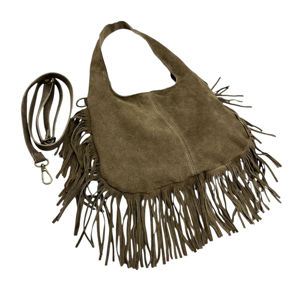 HE1048 Dark Taupe Fringe Suede Hobo Bag